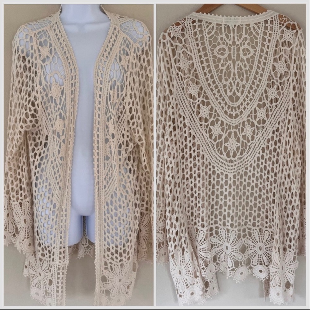 Rebellion Womens Kimono XS Long Cream Floral Crochet Beach Coverup Boho Festival
